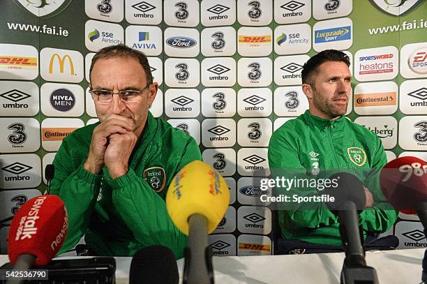 November 2014; Republic of Ireland manager Martin O'Neill, left and Robbie Keane speaking to the press ahead of their UEFA EURO 2016 Championship...