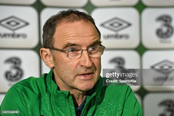 November 2014; Republic of Ireland manager Martin O'Neill speaking to the press ahead of their UEFA EURO 2016 Championship Qualifer Group D game...