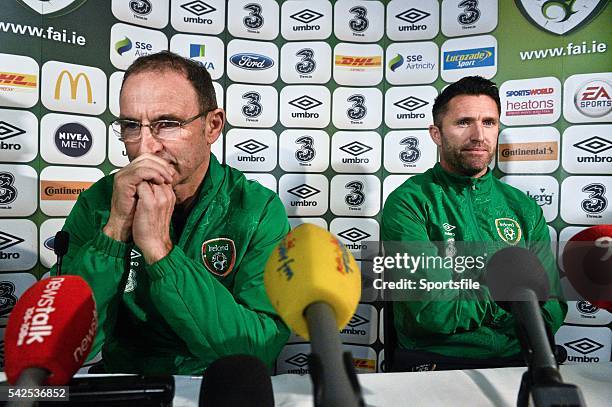 November 2014; Republic of Ireland manager Martin O'Neill and Robbie Keane during a press conference ahead of their UEFA EURO 2016 Championship...