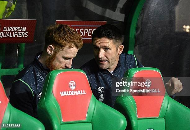 November 2014; Republic of Ireland substitutes Robbie Keane, right, and Stephen Quinn during the game. UEFA EURO 2016 Championship Qualifier, Group...