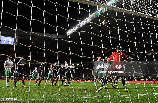 November 2014; Scotland's Grant Hanley header comes off his own crossbar during the closes stages of the game. UEFA EURO 2016 Championship Qualifier,...