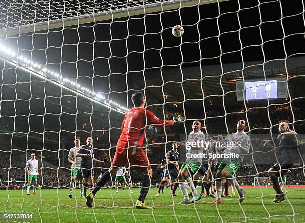 November 2014; Scotland's Grant Hanley's header comes off his own crossbar during the closes stages of the game. UEFA EURO 2016 Championship...