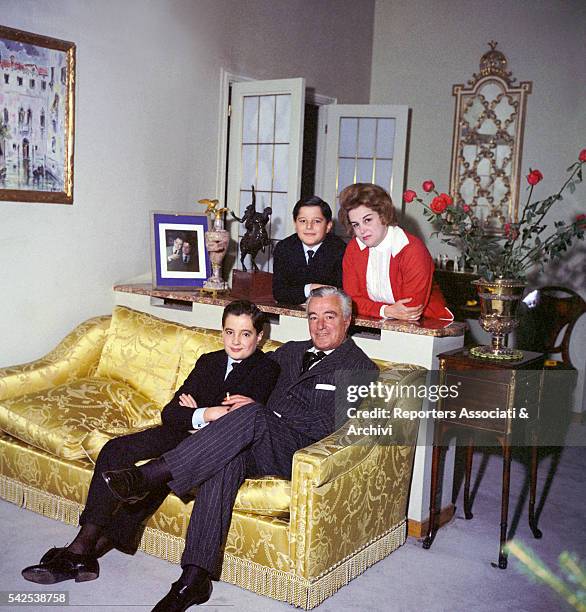 Italian actor Vittorio De Sica and his wife Maria Mercader with their children Manuel and Christian in their living room. Rome, 31st December 1961