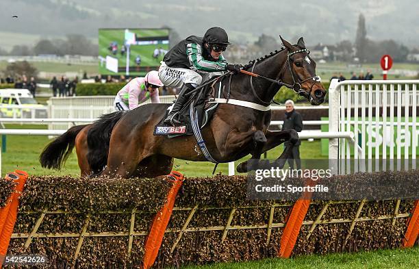 March 2016; Altior, with Nico de Boinville up, on their way to winning the Supreme Novices' Hurdle. Prestbury Park, Cheltenham, Gloucestershire,...