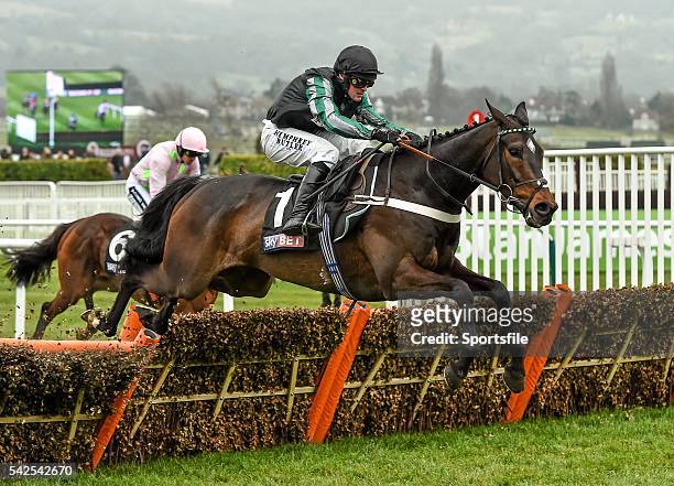 March 2016; Altior, with Nico de Boinville up, on their way to winning the Supreme Novices' Hurdle. Prestbury Park, Cheltenham, Gloucestershire,...