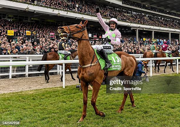 March 2016; Jockey Ruby Walsh celebrates after winning the Stan James Champion Hurdle Challenge Trophy on Annie Power. Prestbury Park, Cheltenham,...