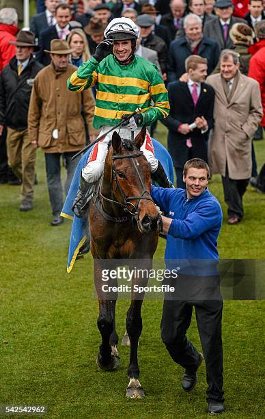 March 2016; Derek O'Connor celebrates after winning the 146th Year of the National Hunt Steeple Chase Challenge Cup on Minella Rocco. Prestbury Park,...
