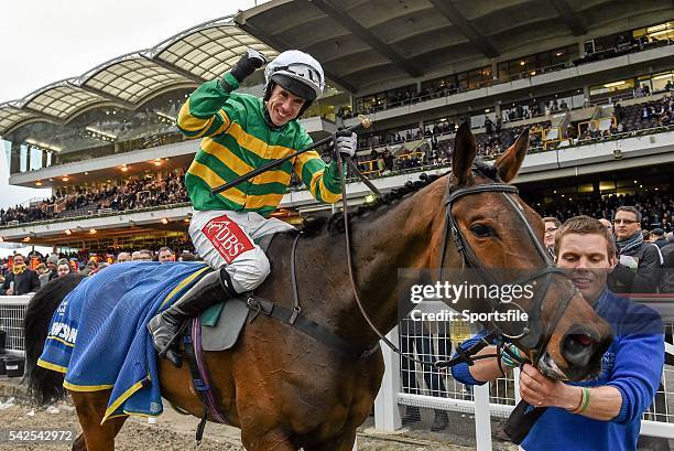 March 2016; Derek O'Connor celebrates winning the 146th Year Of The National Hunt Steeplechase Challenge Cup on Minella Rocco. Prestbury Park,...