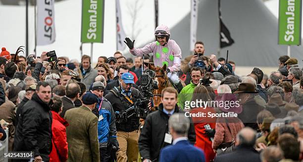 March 2016; Ruby Walsh is led through the parade ring after winning the Stan James Champion Hurdle Challenge Trophy on Annie Power. Prestbury Park,...