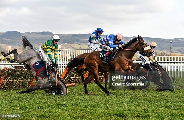 March 2016; Diego Du Charmil, with Sam Twiston-Davies up, on their way to winning the Fred Winter Juvenile Handicap Hurdle as Campeador, with Barry...