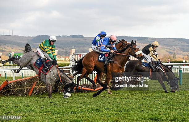 March 2016; Diego Du Charmil, with Sam Twiston-Davies up, on their way to winning the Fred Winter Juvenile Handicap Hurdle as Campeador, with Barry...