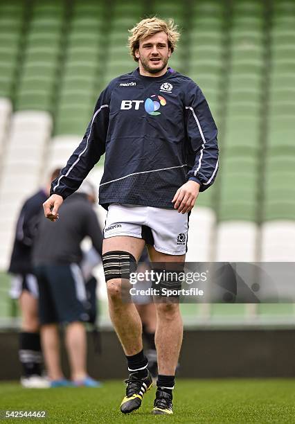 March 2016; Scotland's Richie Gray during the captain's run. Scotland Rugby Captain's Run. Aviva Stadium, Lansdowne Road, Dublin. Picture credit:...