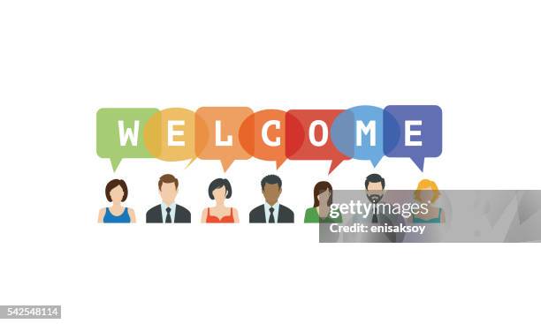 welcome concept. people icons with speech bubbles - welcoming 幅插畫檔、美工圖案、卡通及圖標