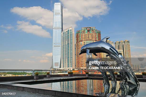 dolphins statue before the city center. - glass dolphin stock pictures, royalty-free photos & images