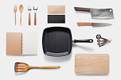 Design concept of mockup arious kitchenware utensils set on whit