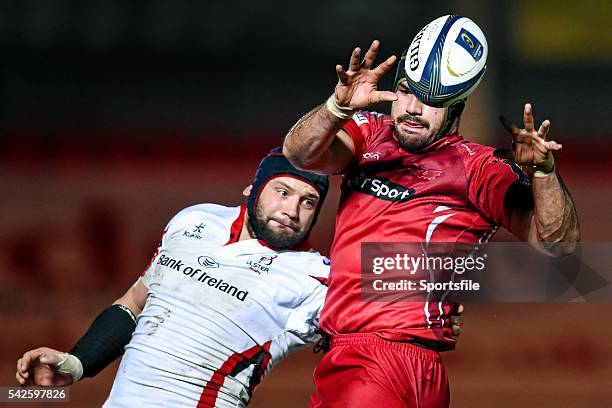 December 2014; George Earle, Scarlets, in action against Dan Tuohy, Ulster. European Rugby Champions Cup 2014/15, Pool 1, Round 4, Scarlets v Ulster....