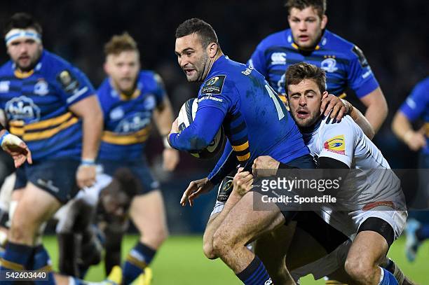 January 2015; Dave Kearney, Leinster, is tackled by Rory Kockott, right, and Richie Gray, Castres. European Rugby Champions Cup 2014/15, Pool 2,...