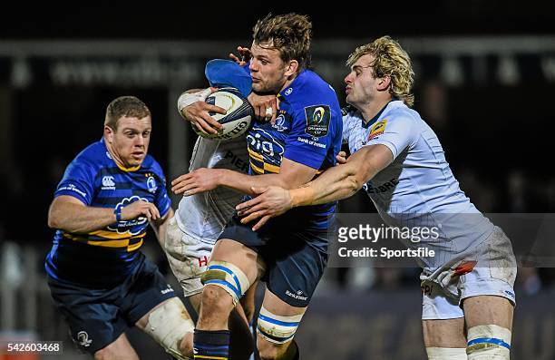 January 2015; Jordi Murphy, Leinster, is tackled by Marc-Antoine Rallier, left, and Richie Gray, Castres. European Rugby Champions Cup 2014/15, Pool...
