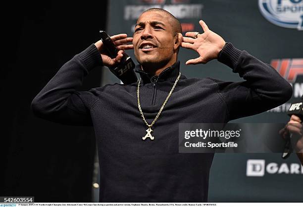 January 2015; UFC Featherweight Champion Jose Aldo taunts Conor McGregor fans during a question and answer session. Orpheum Theatre, Boston,...