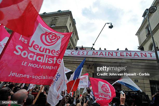 France elections 2012: Supporters and militants of the Parti Socialiste cheer the victory of their candidate Francois Hollande as the next President...