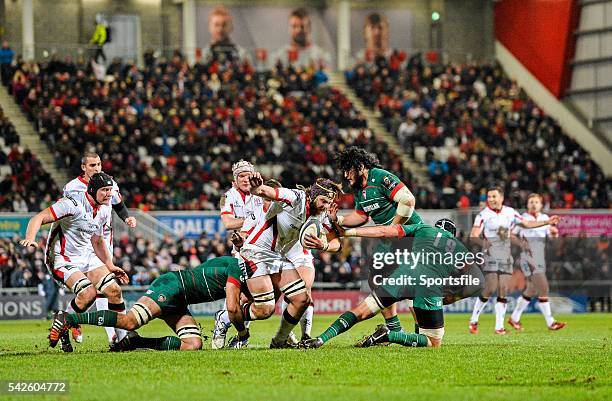 January 2015; Iain Henderson, Ulster, is tackled by Graham Kitchener, Leicester Tigers. European Rugby Champions Cup 2014/15, Pool 3, Round 6, Ulster...