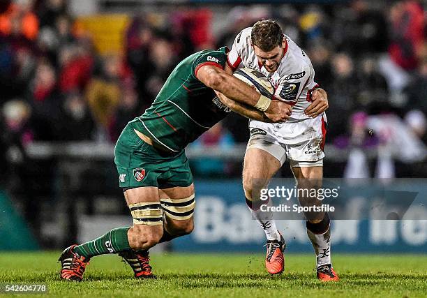 January 2015; Darren Cave, Ulster, is tackled by Graham Kitchener, Leicester Tigers. European Rugby Champions Cup 2014/15, Pool 3, Round 6, Ulster v...