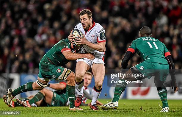 January 2015; Tommy Bowe, Ulster, is tackled by Graham Kitchener, Leicester Tigers. European Rugby Champions Cup 2014/15, Pool 3, Round 6, Ulster v...