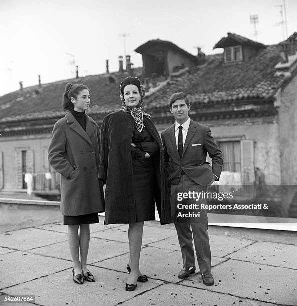 Italian singers Mina , Gigliola Cinquetti and Bruno Filippini, winners of Castrocaro festival, posing together. 1963