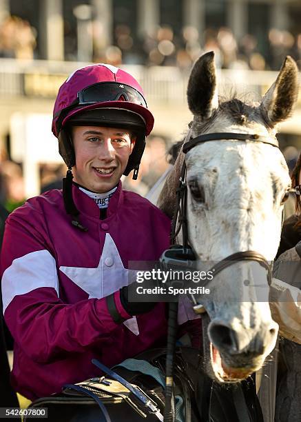 February 2015; Jockey Bryan Cooper with Petite Parisienne after winning the Gala Retail Spring Juvenile Hurdle. Leopardstown, Co. Dublin. Picture...