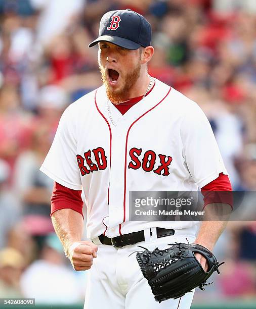 Craig Kimbrel of the Boston Red Sox reacts after pitching the tenth inning against the Chicago White Sox at Fenway Park on June 23, 2016 in Boston,...