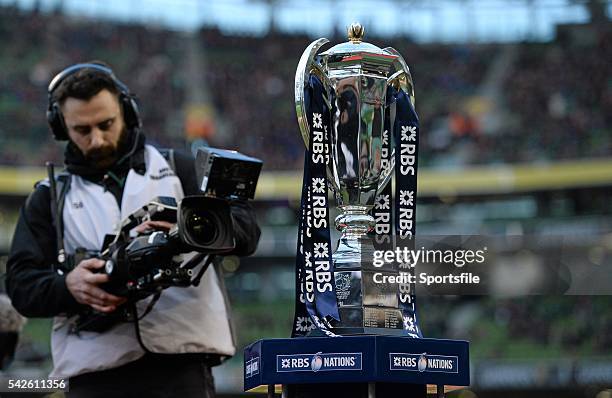 February 2015; A TV cameraman films the Six Nations Championship trophy. RBS Six Nations Rugby Championship, Ireland v France. Aviva Stadium,...