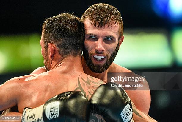 February 2015; Anthony Cacace in the clinch during his bout against Santiago Bustos. The World Is Not Enough Undercard, Odyssey Arena, Belfast, Co....