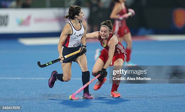 Michelle Vitesse of USA and Laura Unsworth of Great Britain during the FIH Women's Hockey Champions Trophy match between Great Britain and USA at...