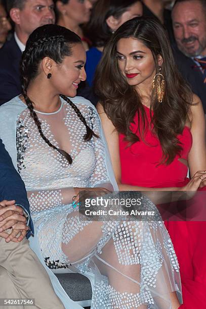 Indian actresses Sonakshi Sinha and Deepika Padukone attend the press conference for the 17th edition of IIFA Awards at the Palace Hotel on June 23,...