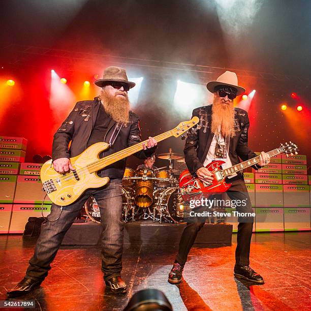 Dusty Hill, Frank Beard and Billy Gibbons of ZZ Top perform at O2 Academy Birmingham on June 23, 2016 in Birmingham, England.