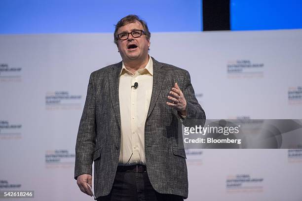 Reid Hoffman, chairman and co-founder of LinkedIn Corp., speaks during the 2016 Global Entrepreneurship Summit at Stanford University in Stanford,...