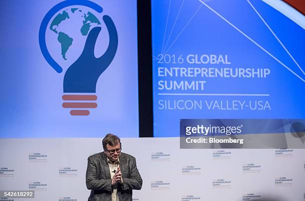 Reid Hoffman, chairman and co-founder of LinkedIn Corp., gestures while speaking during the 2016 Global Entrepreneurship Summit at Stanford...