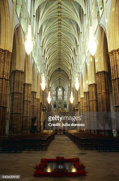 The nave of Westminster Abbey. It's renovation was undertaken in 1376 after a century's pause and was to continue until the year 1500. The nave has...
