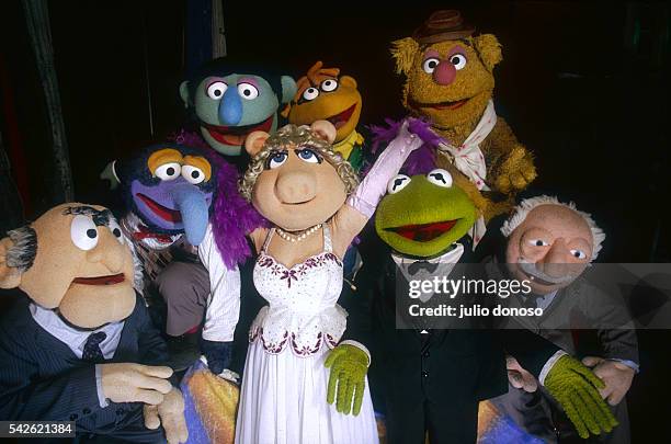 Jim Henson's Muppets visit London during The Muppet Show on Tour in 1987. In front, left to right: Statler, Gonzo, Miss Piggy, Kermit the Frog, and...
