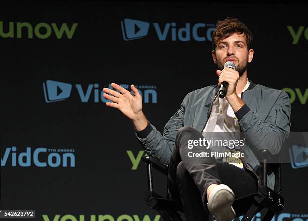 Host Daniel Preda speaks on stage as Joey Graceffa premieres his YouTube Red Original "Escape The Night" during VidCon at the Anaheim Convention...