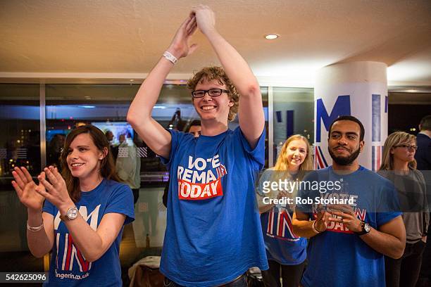 Supporters of the Stronger In Campaign cheer as the EU referendum result from Gibraltar is announced at the Royal Festival Hall on June 23, 2016 in...