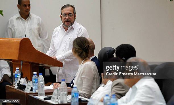 Farc's leader Timoleon Jimenez "Timonchenko" talks during a ceremony to sign a historic ceasefire agreement between Colombian Government and the FARC...