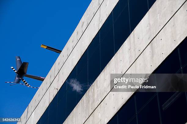 The tail of a helicopter is seen on the Helipad at Aquarela Printing, in the city of Barueri, Sao Paulo State, Brazil. Sao Paulo has the world's...