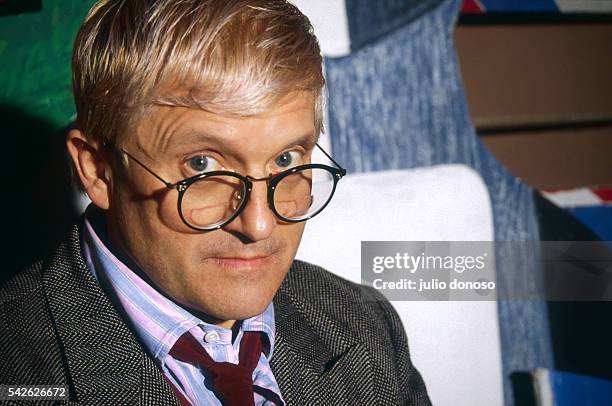 Artist David Hockney stands in the Theatre du Chatelet in Paris with the sets he designed for the plays Parade by Erik Satie and Les Mamelles de...