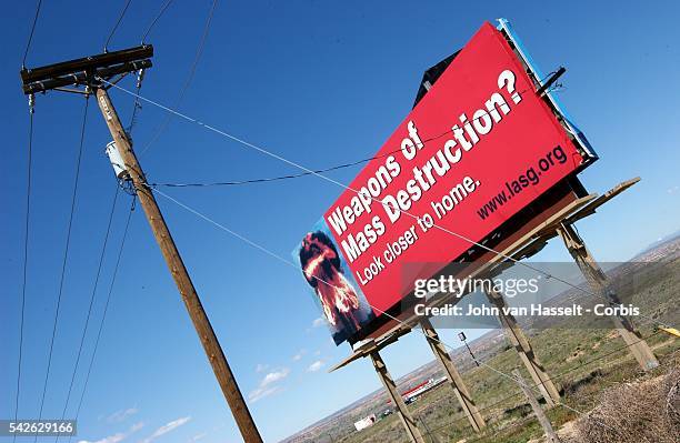 Billboard outside Albuquerque financed by the Los Alamos Study Group urges nuclear disarmament and the cessation of the manufacturing of nuclear...
