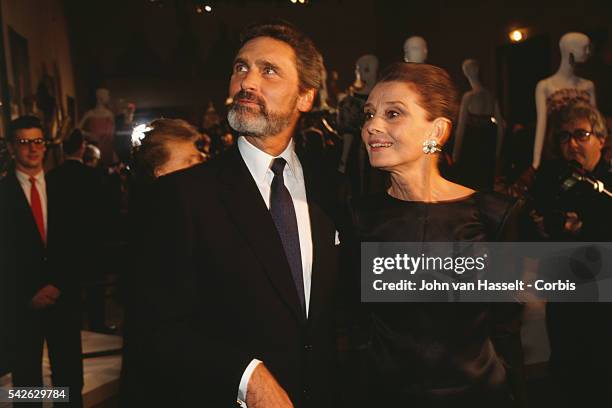 Audrey Hepburn attends an exhibition at the Galliera Museum to celebrate the 40 years of fashion house Givenchy.