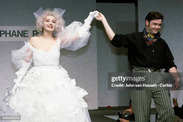 French actress Pauline Lafont on the catwalk, wears the wedding dress created by fashion designer Stephane Plassier.