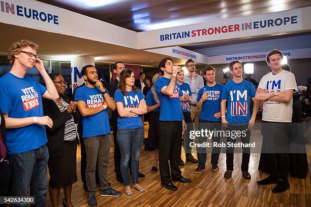 Supporters of the Stronger In Campaign gather to wait for the result of the EU referendum at the Royal Festival Hall on June 23, 2016 in London,...