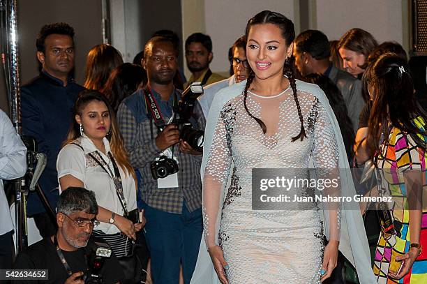 Indian actress Sonakshi Sinha attends the 17th International Indian Film Academy awards press conference at Westin Palace Hotel on June 23, 2016 in...