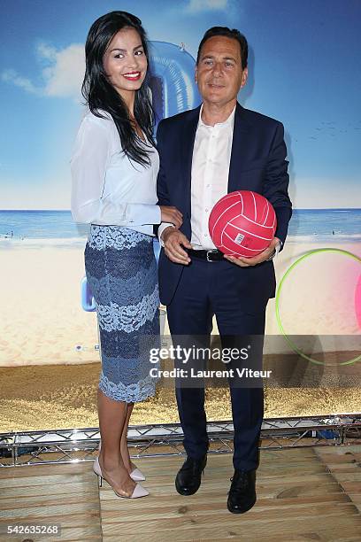 Eric Besson and his wife Jamila attend the 'Camping 3' Paris Premiere at Gaumont Champs Elysees on June 23, 2016 in Paris, France.